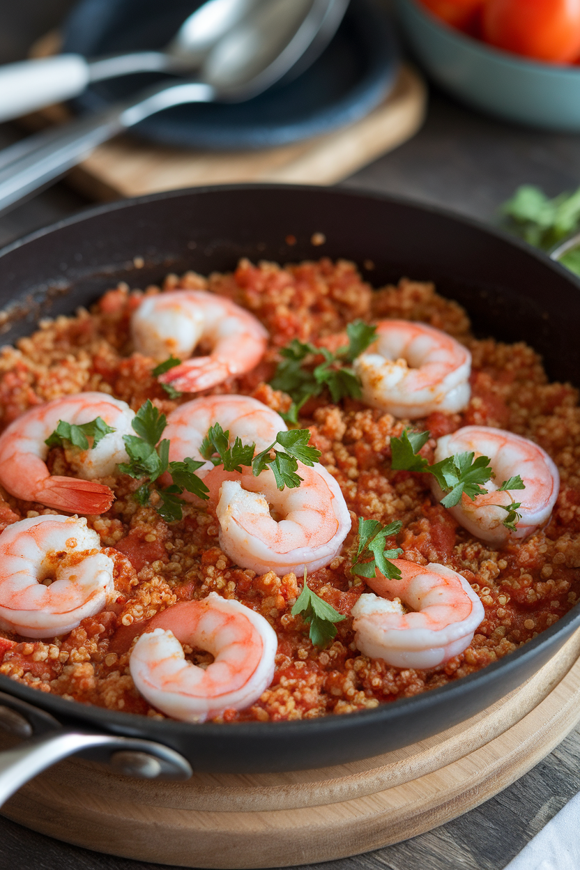 Indoor photo of a skillet showing pink shrimp nestled in tomato-flecked quinoa with parsley garnish. No text or logos.