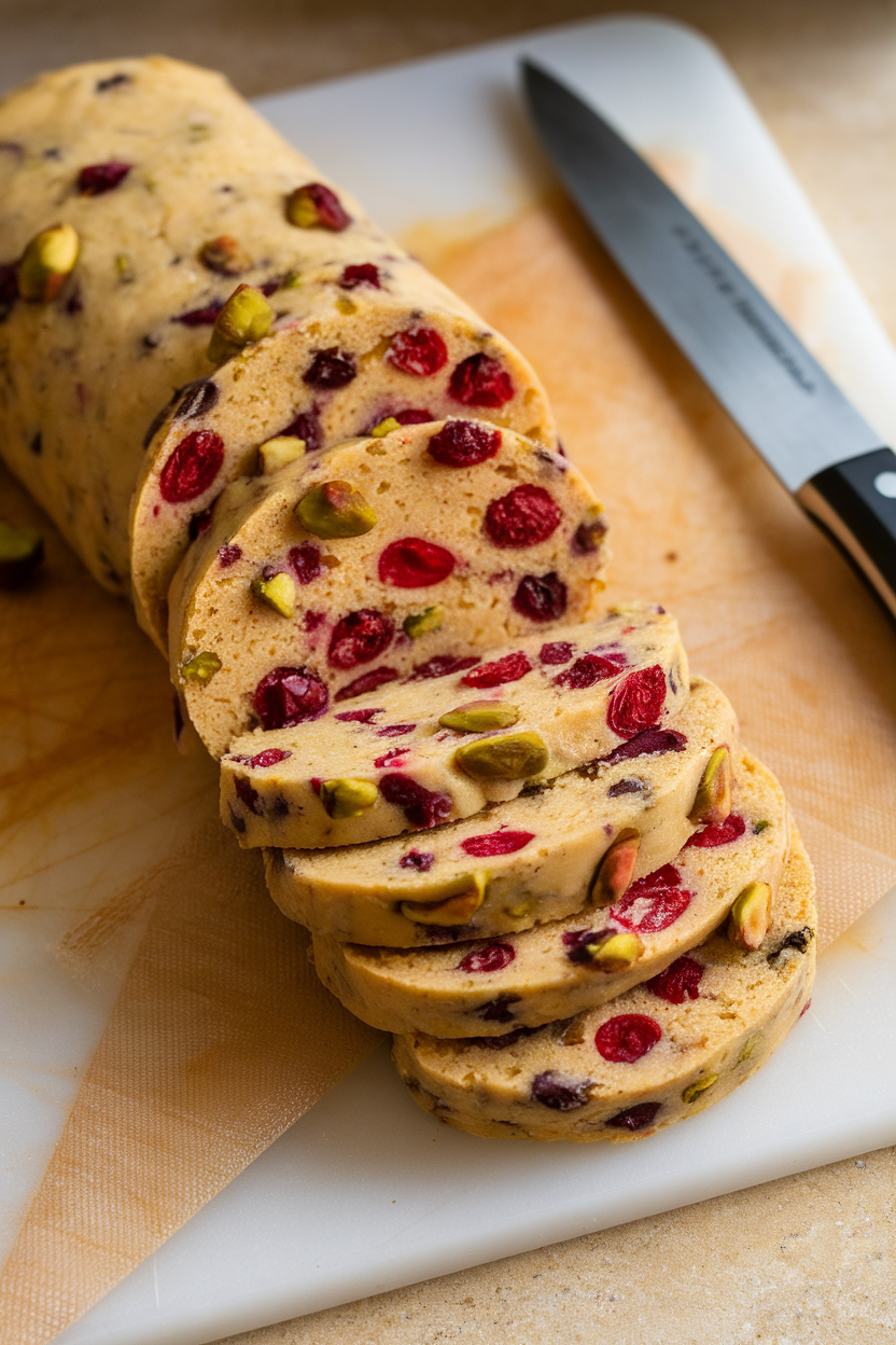 A sliced log of cookie dough revealing red cranberries and green pistachios on an indoor cutting board. No text or logos.</Prompt