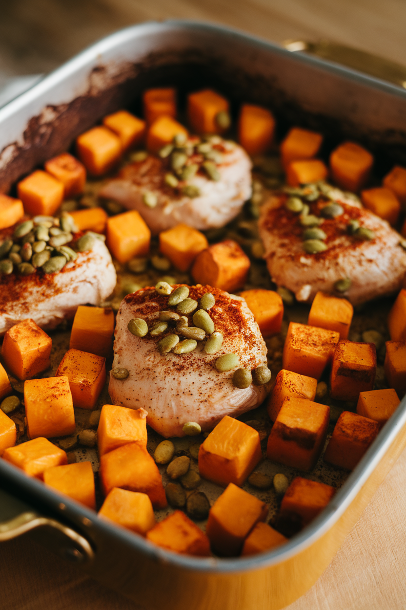 An indoor casserole dish holding cubes of roasted butternut squash and chicken seasoned with cinnamon and cayenne, sprinkled with pepitas. No text or logos. Photo only.