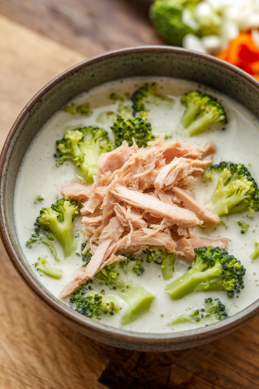 Indoor photo of white chili with chopped broccoli stems and turkey shreds, light broth visible; no text or logos.