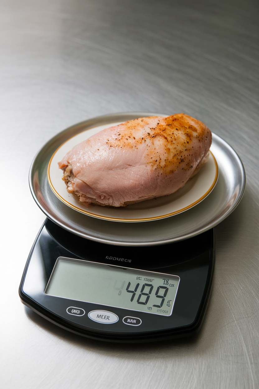 A digital kitchen scale indoors displaying 4 ounces of cooked turkey breast on a small plate, clean background with no logos.