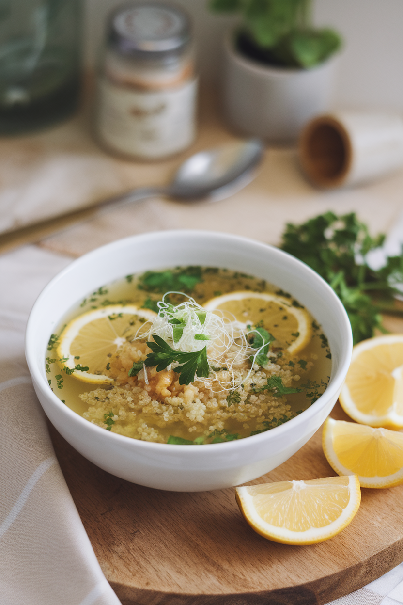 Indoor soup bowl of clear broth dotted with quinoa, lemon slices, parsley, and delicate egg strands. No text or logos.