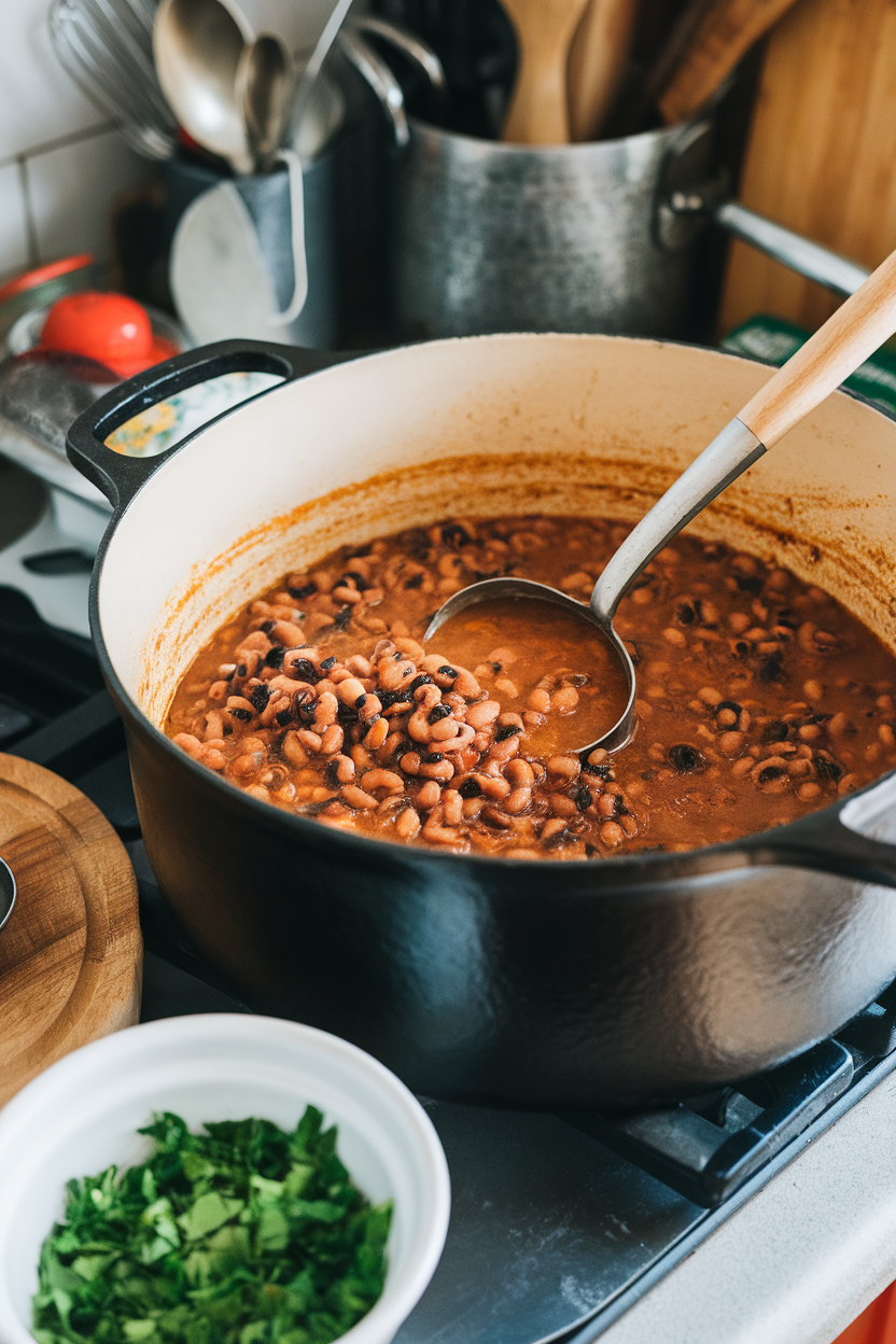 An indoor kitchen counter with a Dutch oven full of smoky black-eyed pea stew, ladle resting inside, and a bowl of chopped parsley nearby. No logos, photo.