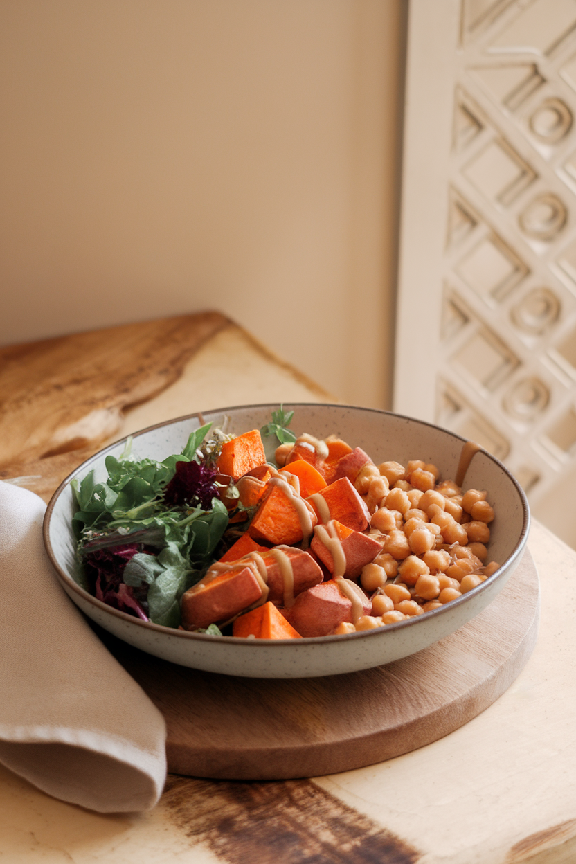 An indoor dining table with a wide bowl holding roasted sweet potato chunks, chickpeas, mixed greens, and tahini drizzle, no logos.