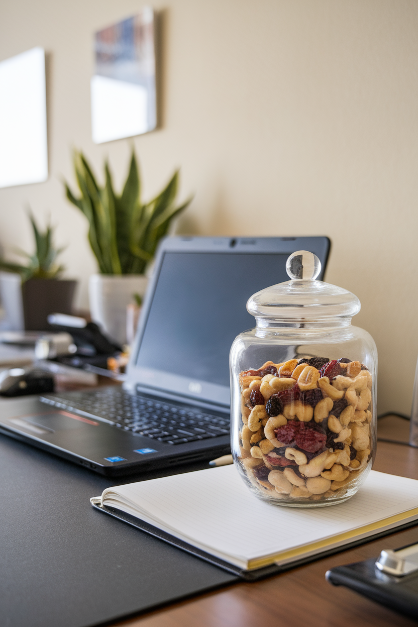 Indoor photo of a clear glass jar filled with mixed nuts and dried fruit on an office desk beside a laptop; no text or logos.