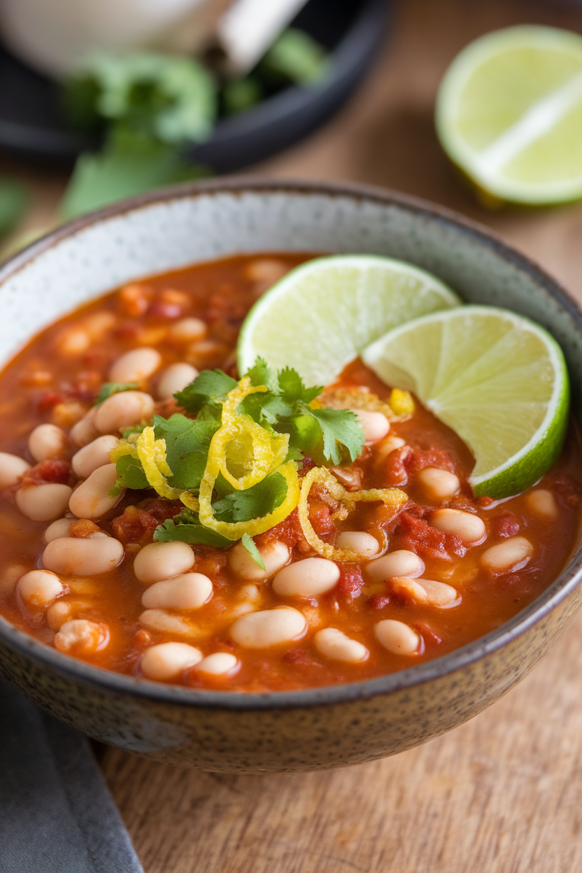 Indoor photo of light white bean chili with visible lime zest, topped with lime wedges; no text or logos.