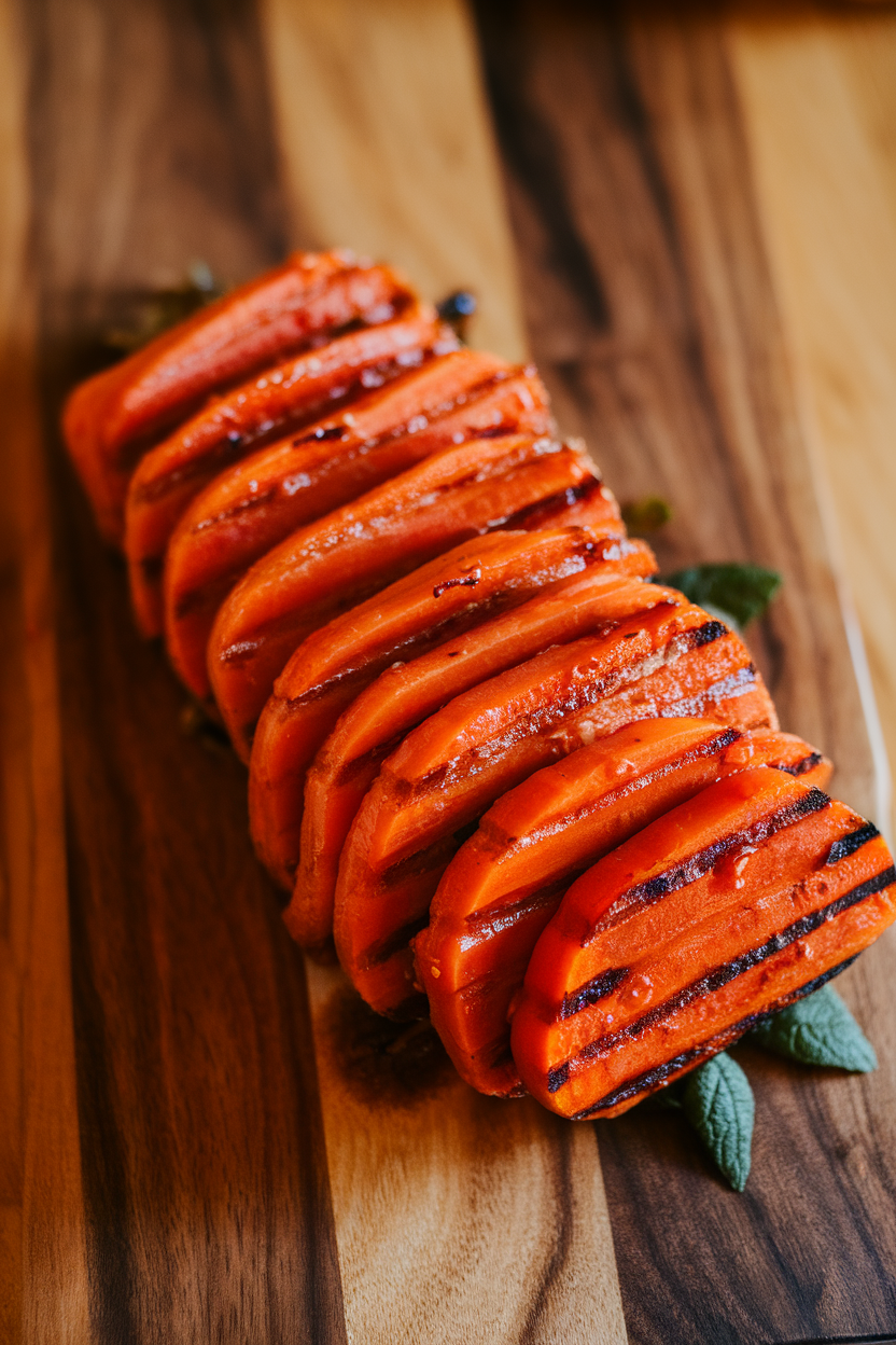 Photo of thick carrot slabs, grill-marked and shiny with maple glaze, arranged on an indoor serving board. No text or logos.