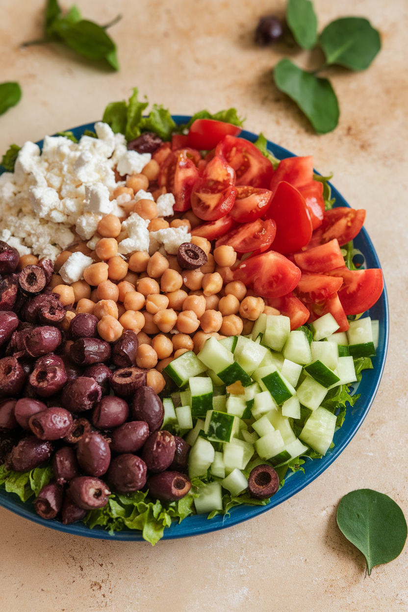 An indoor salad plate bursting with chickpeas, diced cucumber, tomato, kalamata olives, and crumbled feta. No text or logos. Photo only.