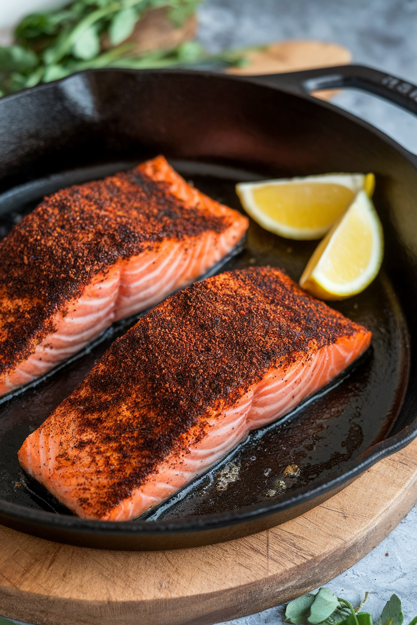 An indoor cast-iron skillet showing seared salmon fillets with a dark Cajun spice crust, lemon wedges on the side. No text or logos. Photo, not illustration.