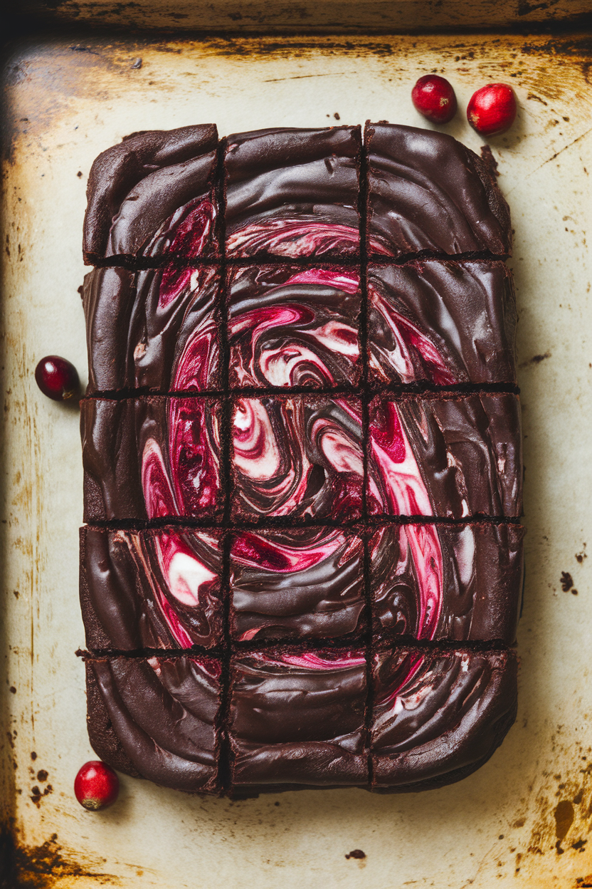 An indoor baking tray of dark chocolate brownies with vivid cranberry swirls visible on the surface—no text or logos; photo, not illustration