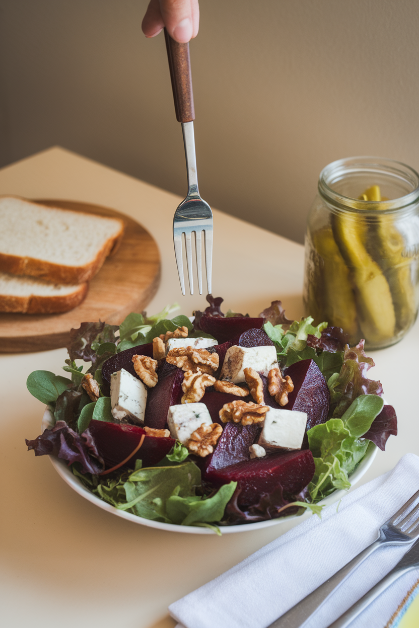 Photo of an indoor tabletop with a fork poised above a vivid salad of mixed greens, roasted beets, goat cheese, and walnuts, no text or logos.