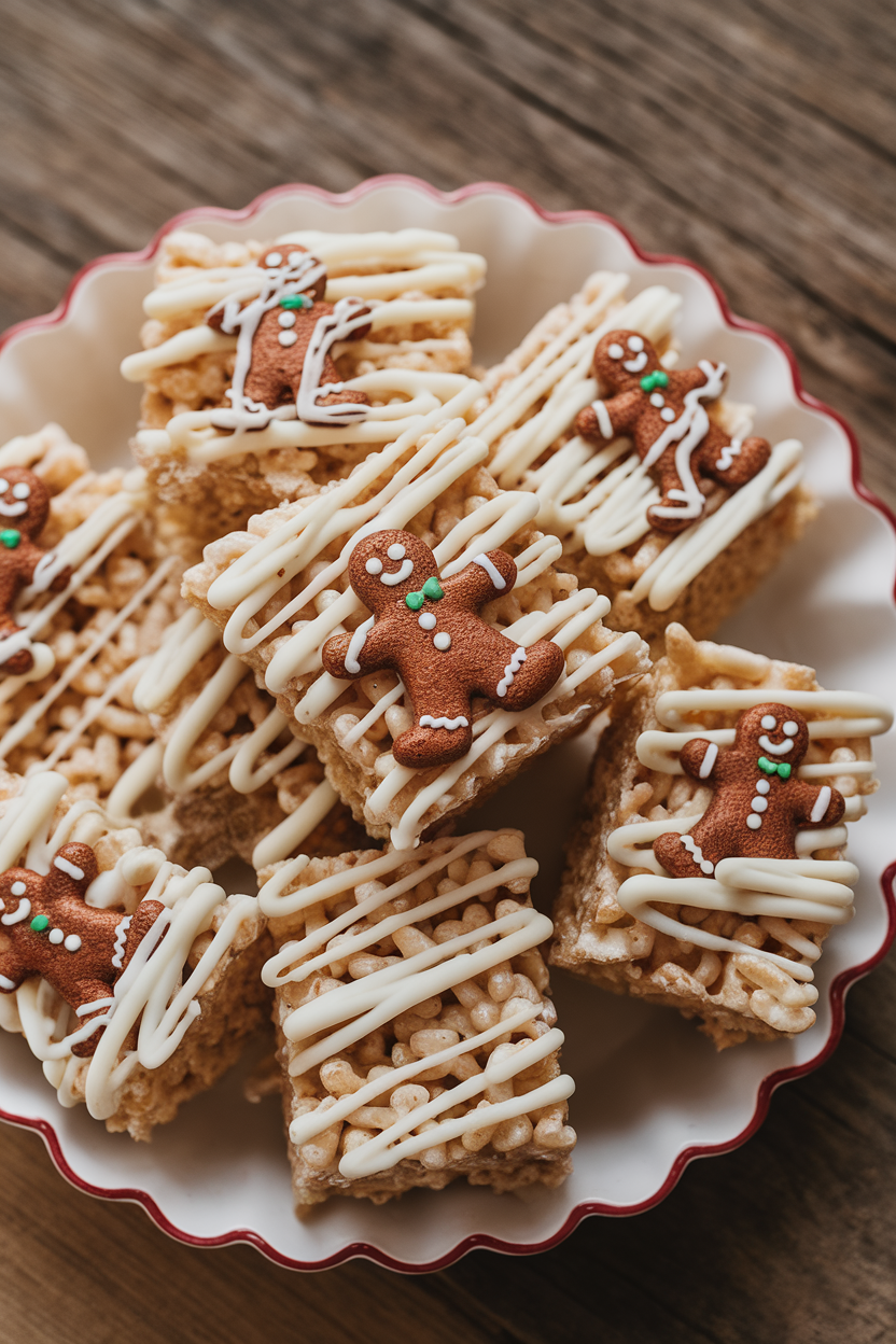 Indoor square dish of spiced rice krispie treats drizzled with white chocolate, gingerbread man sprinkle decorations; no logos. Photo, not illustration.