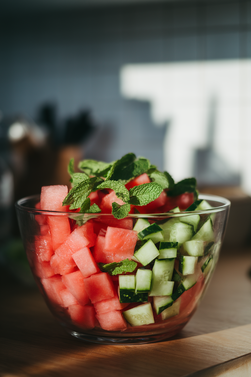 Photo of diced watermelon and cucumber in a glass mixing bowl, torn mint leaves sprinkled on top, indoors. No text or logos. Photo, not illustration.