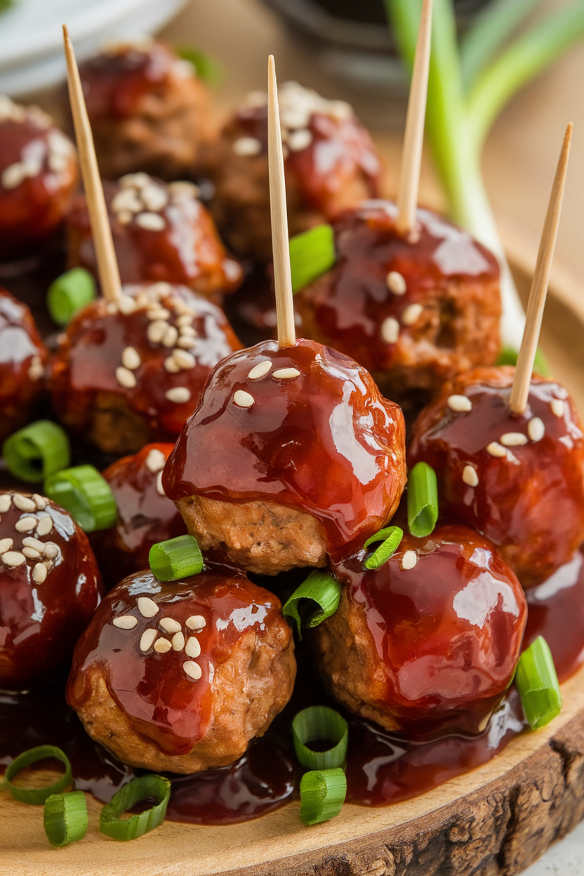 Warm indoor party platter showing cocktail meatballs coated in glossy cherry barbecue glaze, toothpicks inserted for easy serving. No text or logos.