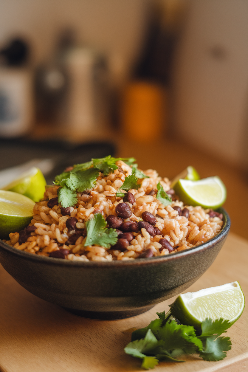 Indoor photo of brown rice mixed with black beans, lime wedges, and chopped cilantro in a bowl, no text or logos.
