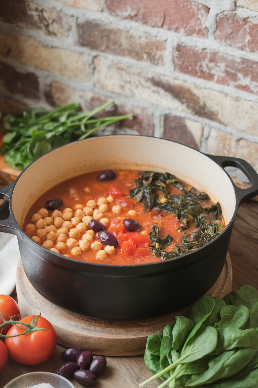 Indoor photo of a Dutch oven simmering chickpeas, tomatoes, olives, and spinach in a tomato broth; no text or logos.