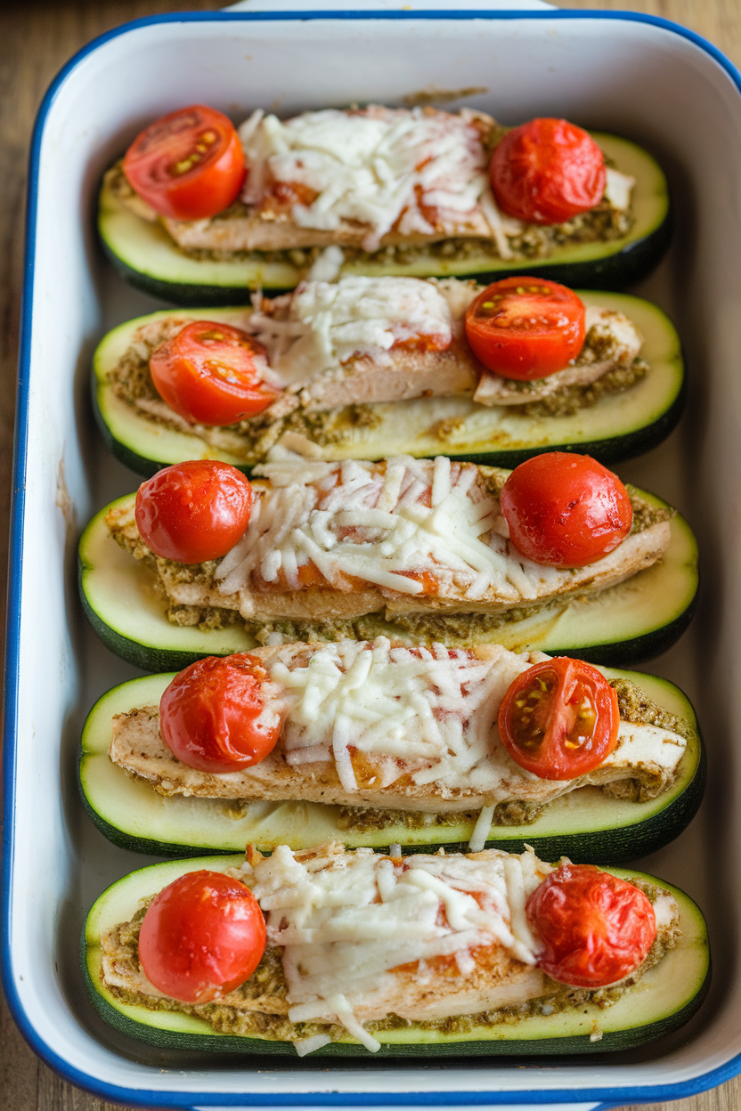 An indoor casserole dish of hollowed zucchini halves filled with pesto-coated chicken and cherry tomato halves, cheese lightly melted on top. No text or logos. Photo.