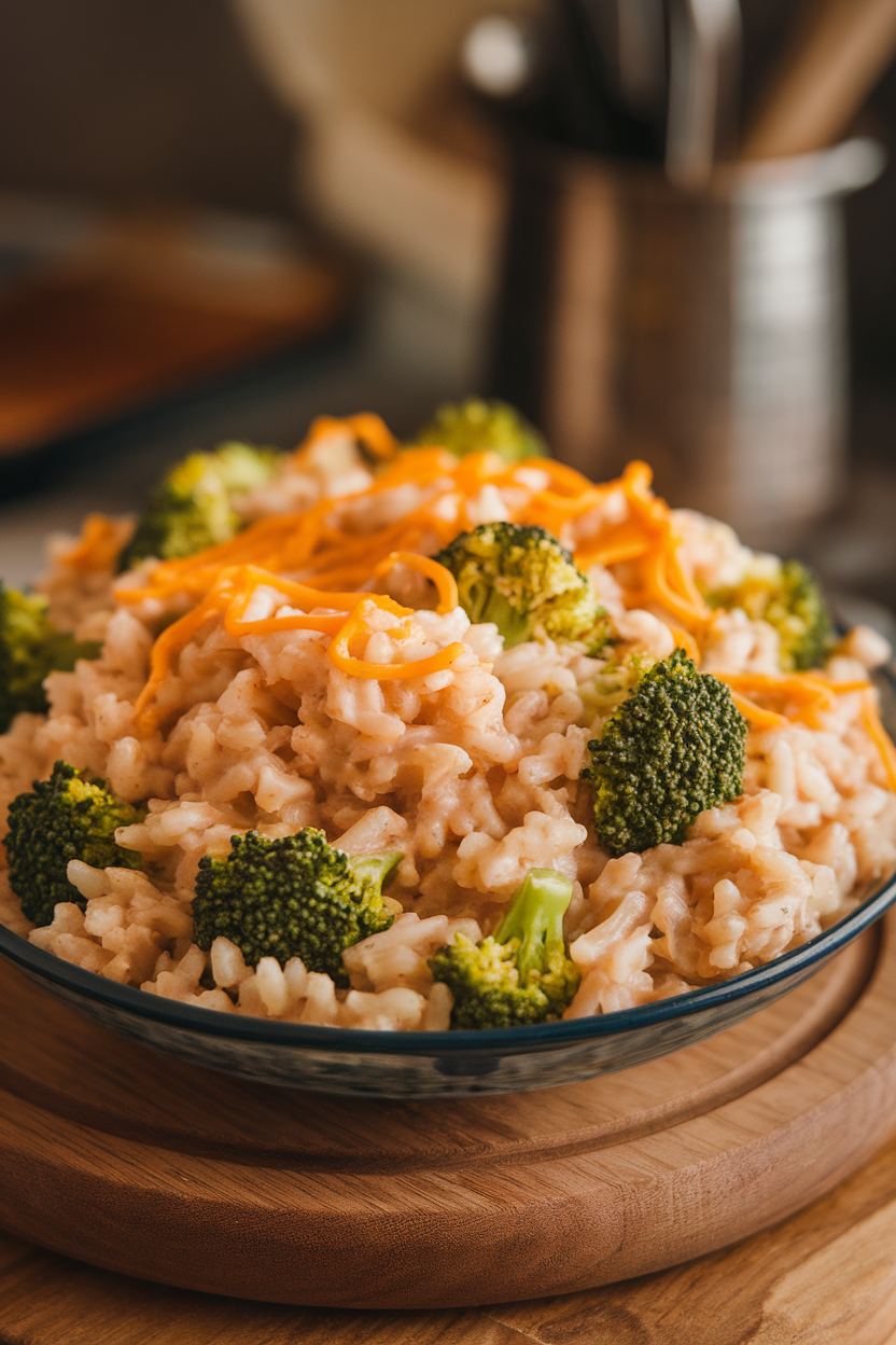 Indoor photo of creamy brown rice mixed with broccoli florets and melted cheddar in a serving bowl, no text or logos.