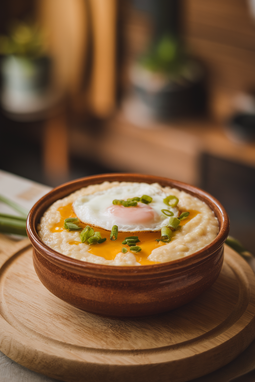 A ceramic bowl indoors filled with creamy grits laced with melted gouda, topped with a soft-fried egg and scallions, no text or logos.