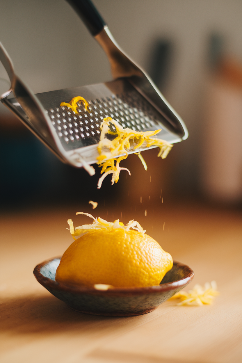 Indoor photo of a microplane zesting a lemon; fine zest falls onto a small dish, soft kitchen lighting, no brand marks.