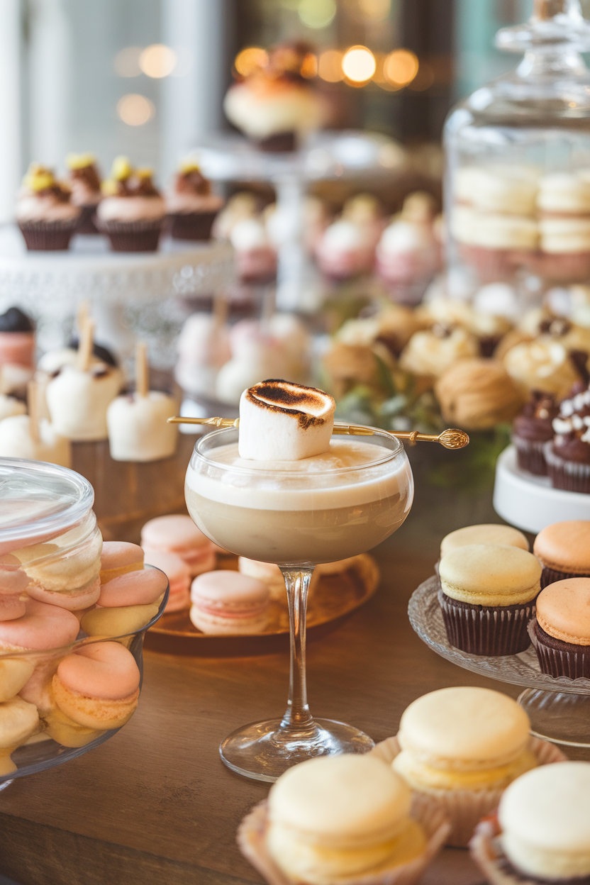 Indoor dessert bar with a stemmed glass of creamy cocktail, a lightly torched marshmallow perched on top. No text or logos; photograph, not illustration.