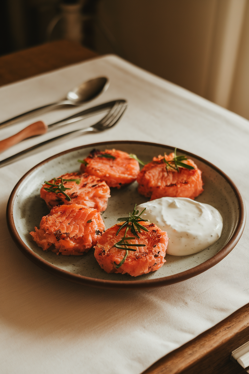 A ceramic plate on an indoor dining table featuring small cooked salmon potato patties with a dollop of yogurt dip. Warm light, no raw fish, no text or logos.