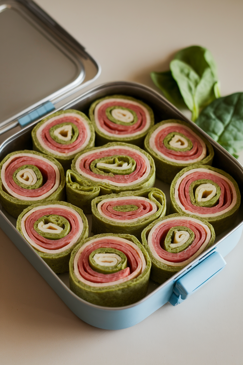 A lunchbox on an indoor table containing colorful turkey and avocado pinwheel slices made with spinach tortillas; clear daylight, no text or logos, photo not illustration.