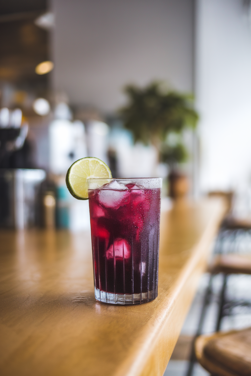 Indoor café counter with a tall clear glass of deep magenta hibiscus tea over ice, condensation beads visible, lime wheel on rim. Photo, no text or logos.