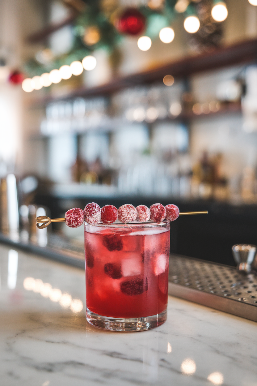 Indoor holiday bar with a rocks glass of cranberry-tequila cocktail, sugared cranberries skewered across the top like mistletoe berries. No text or logos; photograph, not illustration.