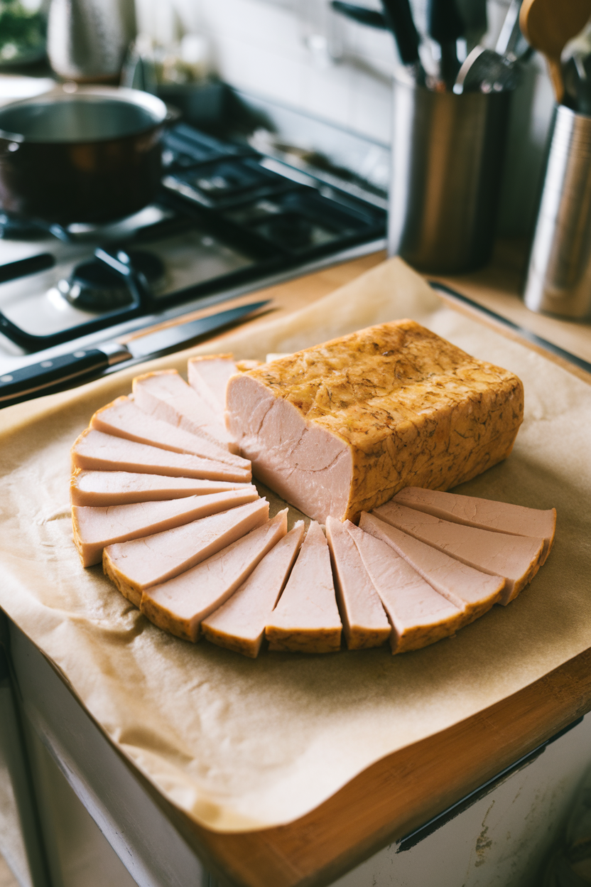 Photo, indoor kitchen island with a sliced tempeh block on parchment, soft daylight, no text or logos.