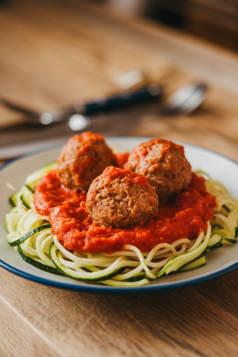 A warmly lit indoor plate featuring turkey meatballs on a nest of zucchini noodles, a spoonful of marinara on top. No logos or text anywhere.