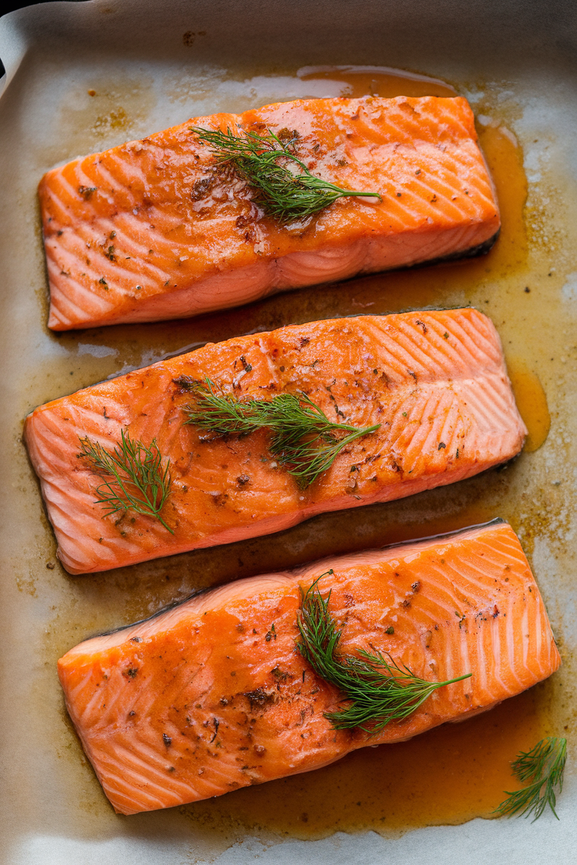 Indoor photo of salmon fillets freshly baked, glazed with maple-Dijon sauce and garnished with fresh dill on a parchment-lined tray. No text or logos.