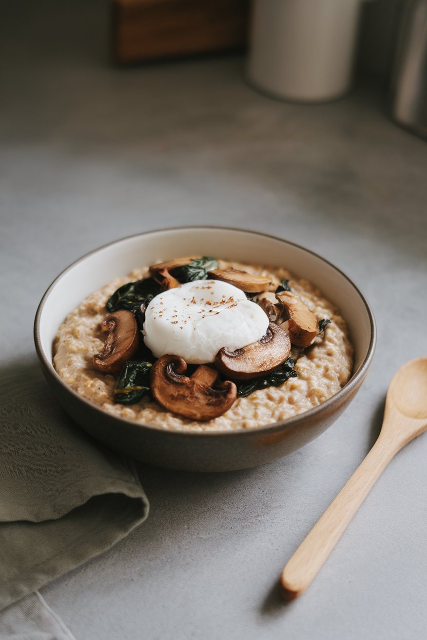 An indoor photo of a warm oatmeal bowl topped with sautéed mushrooms, wilted spinach, and a soft poached egg, on a gray countertop. No text or logos.