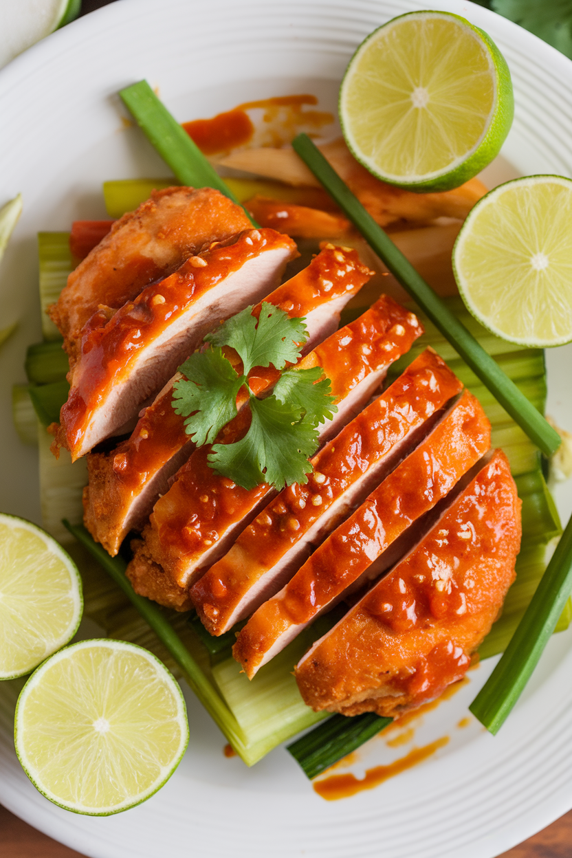 Indoor white plate with air-fried chicken breast coated in glossy Thai sweet chili sauce, cilantro garnish, overhead view. No text or logos.