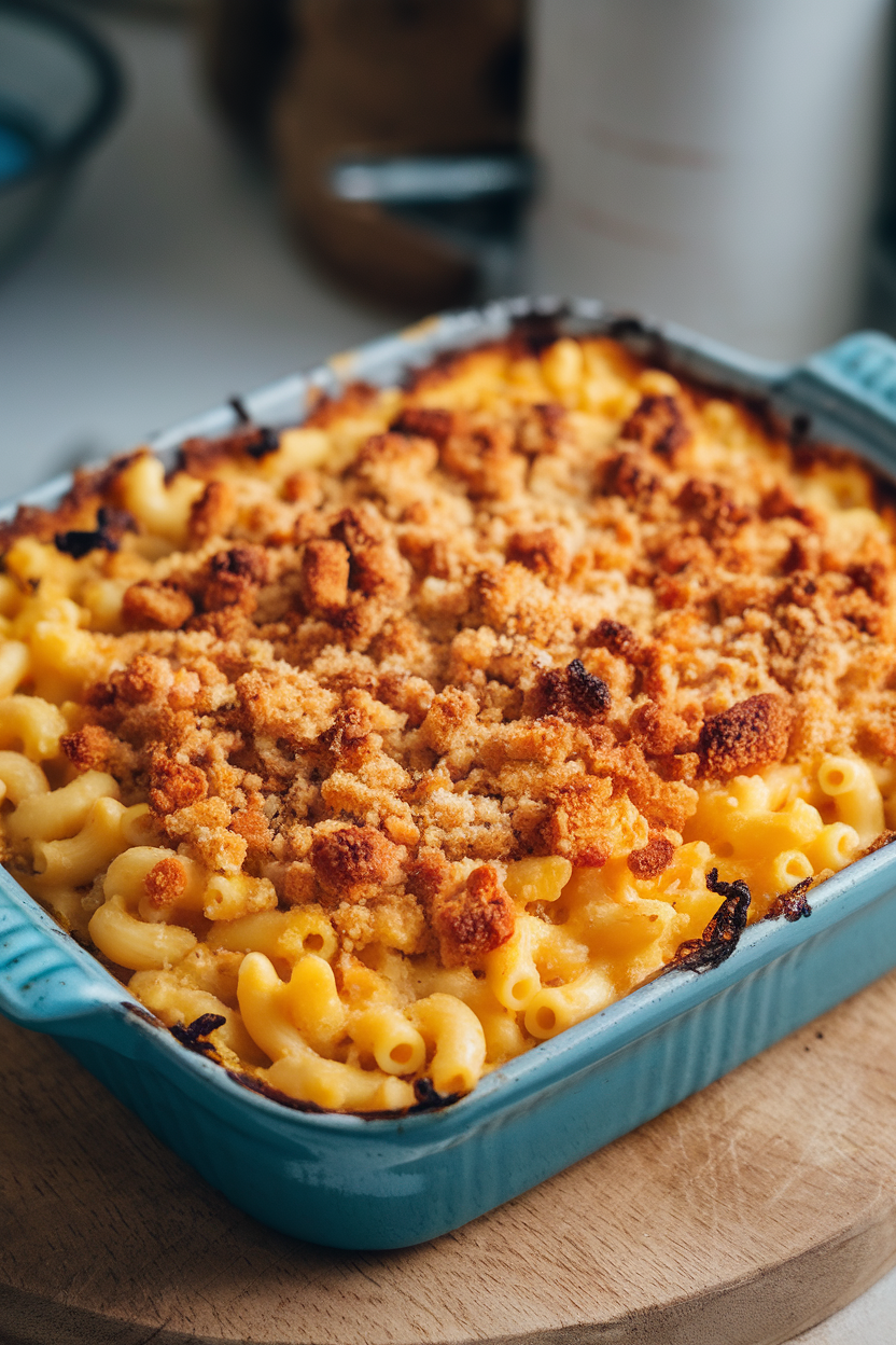 Indoor shot of bubbling mac and cheese in a casserole, browned breadcrumb topping, no text or logos.