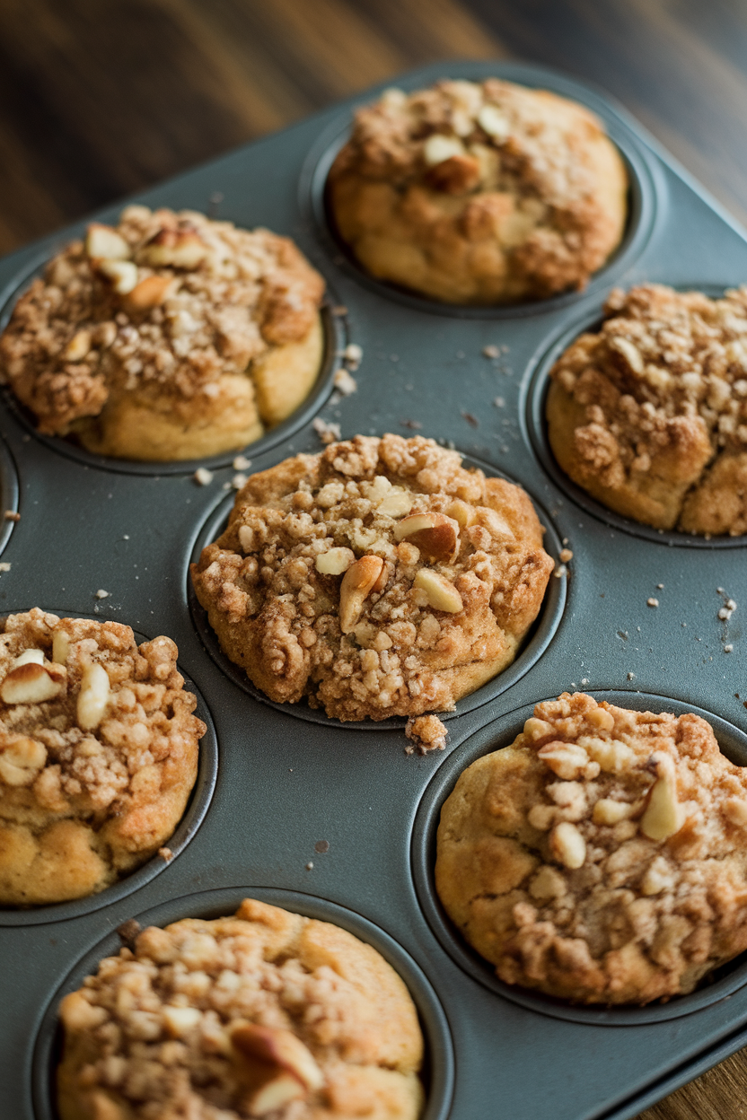 Indoor photo of apple muffins made with sourdough discard, crumb topping visible, no text or logos