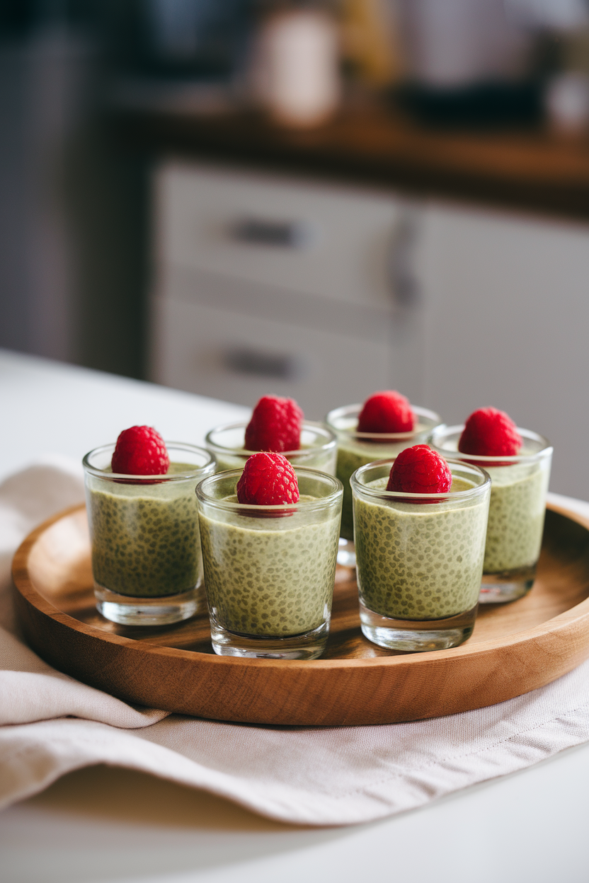 Indoor tray holding small glass shot glasses filled with green matcha chia pudding, topped with a single raspberry. Soft diffused lighting; no text or logos present.