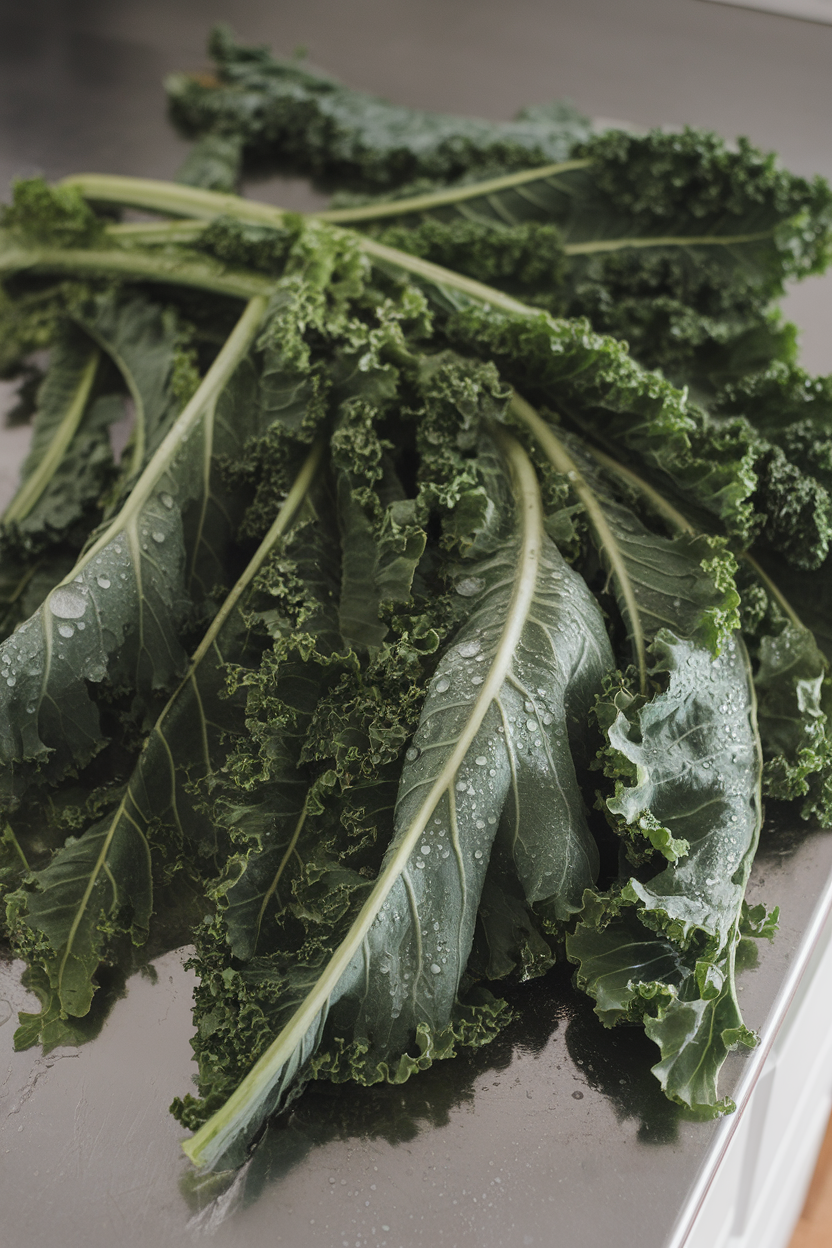 Photo of freshly washed kale leaves sprawled across a countertop indoors, droplets glistening, no text or logos.