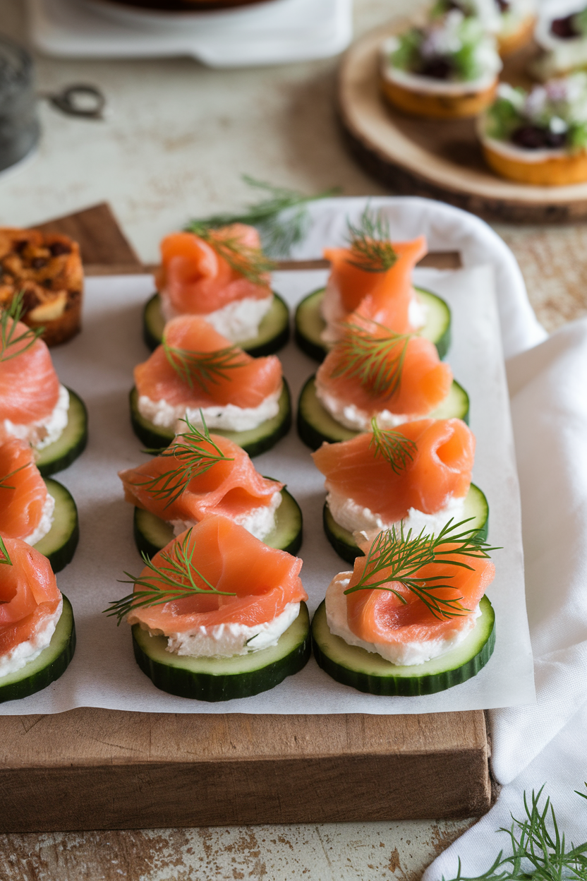 An indoor appetizer tray with cucumber rounds topped with slices of cooked smoked salmon, a dollop of light cream cheese, and sprigs of fresh dill—photo, no text or logos.