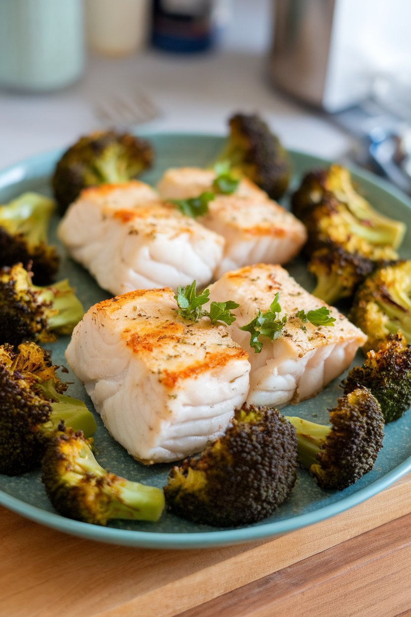 Indoor oven-to-table platter with flaky baked cod fillets garnished with parsley, alongside lightly charred broccoli florets. No text or logos. Photo.