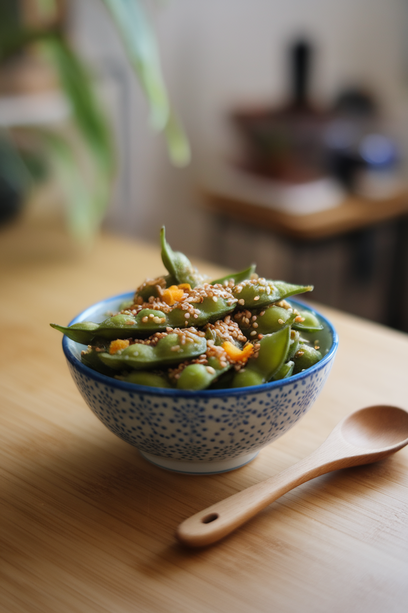 Indoor bowl containing steamed edamame pods coated in sesame seeds and ginger bits, no text or logos