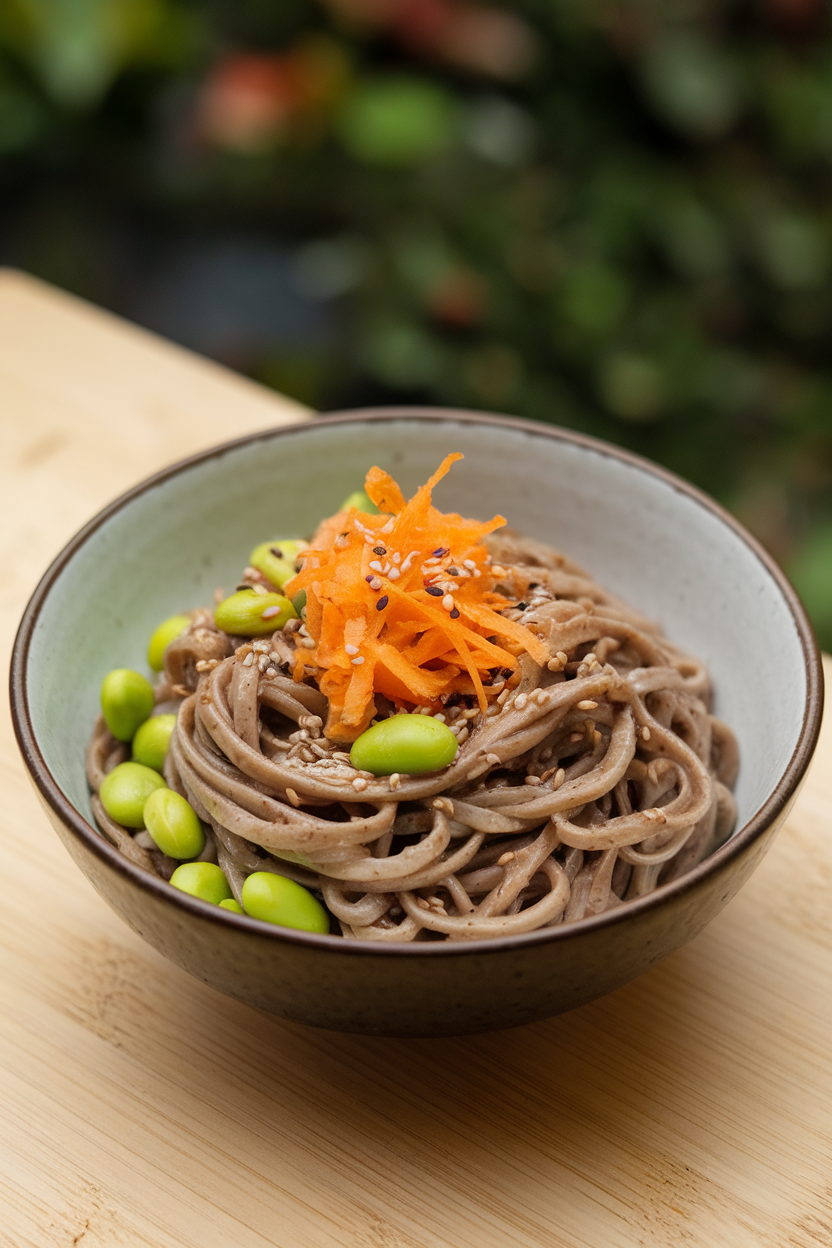 Indoor bowl of chilled buckwheat soba noodles tossed with edamame, shredded carrot, and sesame seeds. No text or logos present.