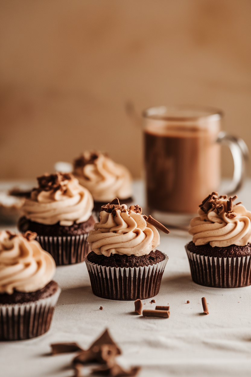 An indoor table with chocolate cupcakes topped with swirls of marshmallow frosting and tiny chocolate curls, mug of cocoa blurred in background. No text or logos.</Prompt