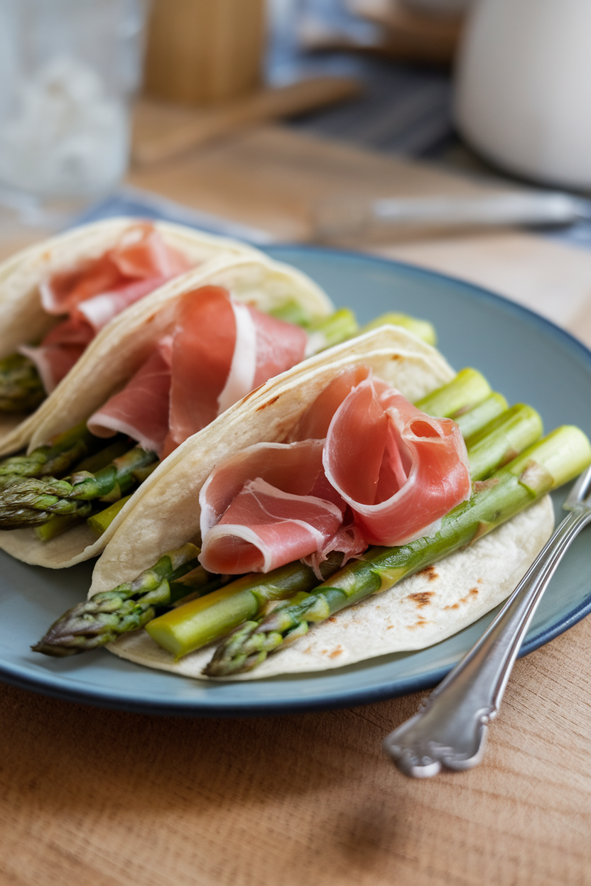 Photo of tortillas filled with blanched asparagus and thin prosciutto ribbons, topped with lemon-yogurt sauce, indoor scene, no logos.