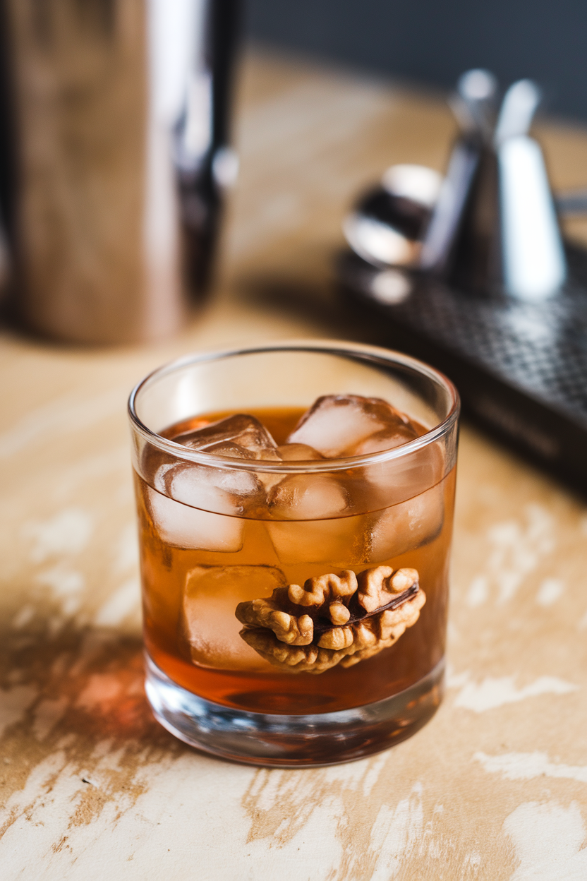 Indoor bar surface with rocks glass of maple walnut old fashioned, walnut half floating, thick ice cube. Photo, no text or logos.