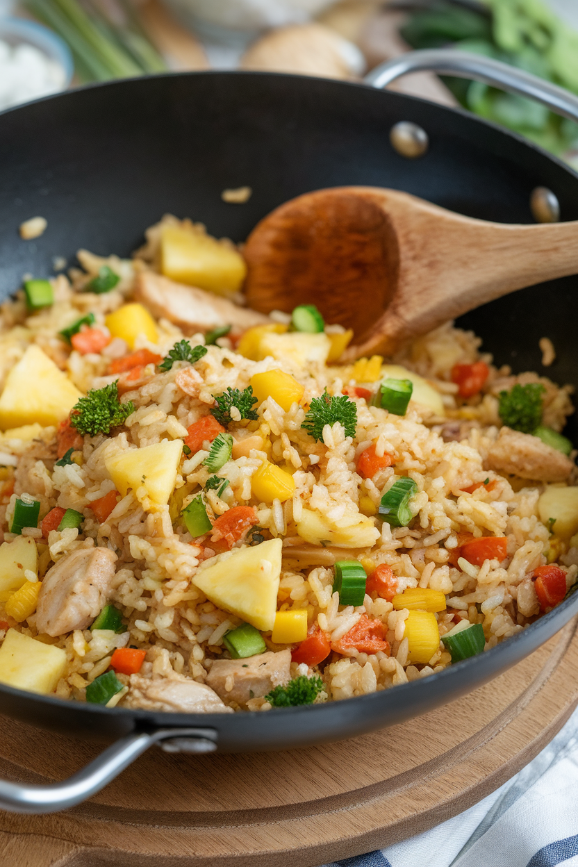 An indoor wok filled with colorful pineapple chicken fried rice, wooden spoon resting on the side. No text or logos.