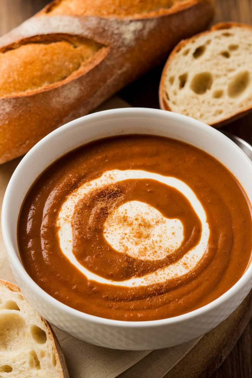 An indoor soup bowl of creamy chestnut soup crowned with a swirl of cream and nutmeg sprinkle, photo, no text or logos.