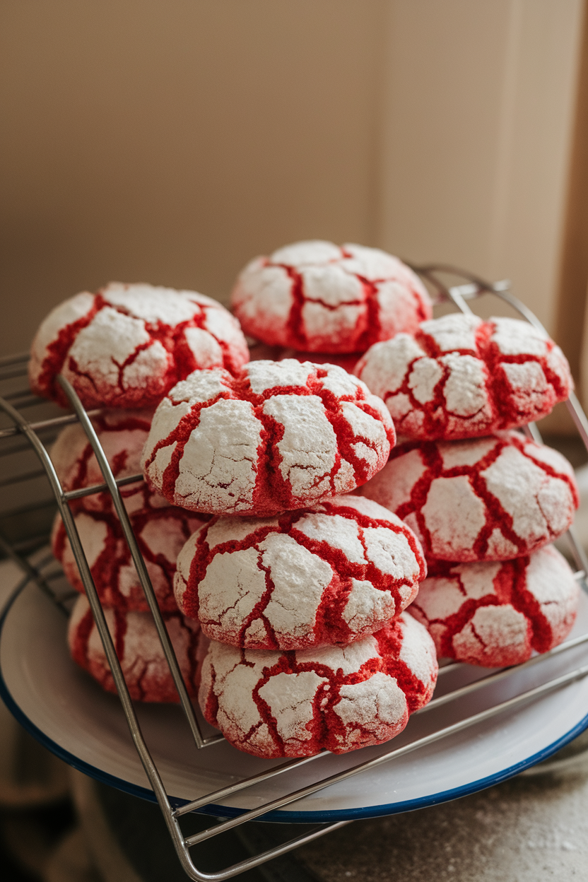 An indoor rack topped with bright red crinkle cookies heavily coated in powdered sugar. Photo, no text or logos.
