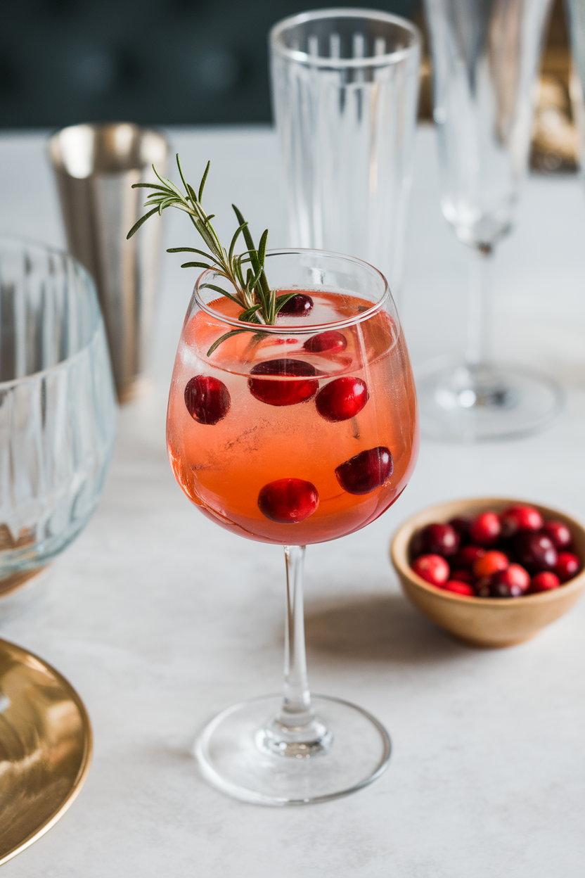 Indoor party table with a stemmed glass of bright orange-red spritz, floating cranberries and a rosemary twig inside. No text or logos; photograph, not illustration.