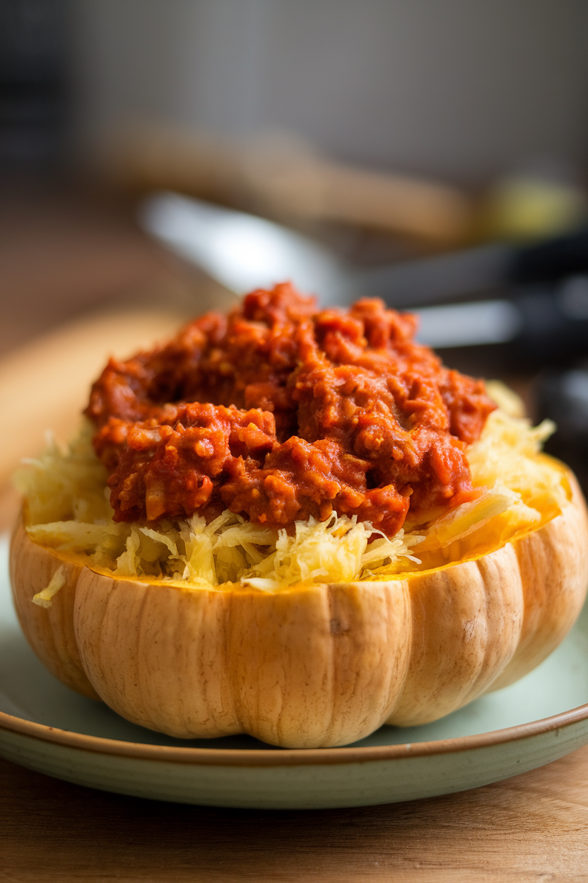 Indoor photo of shredded cooked spaghetti squash topped with turkey Bolognese sauce on a plate, no text or logos.